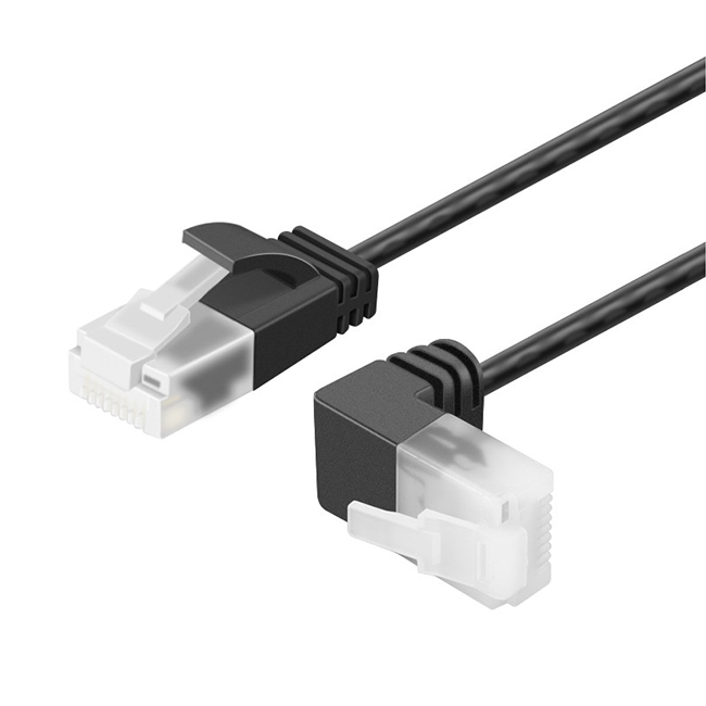 Black Cat6 Ethernet patch cable with straight and right-angle RJ45 connectors